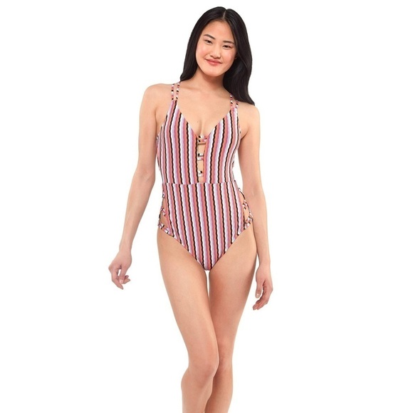 JESSICA Simpson Contemporary Got the Groove Double Strap Plunge One Piece Swim - Picture 2 of 12